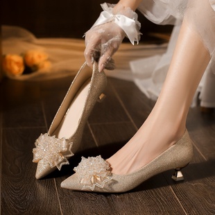 3cm低跟法式结婚鞋女主婚纱两穿不累脚新娘鞋日常可穿矮跟礼服鞋