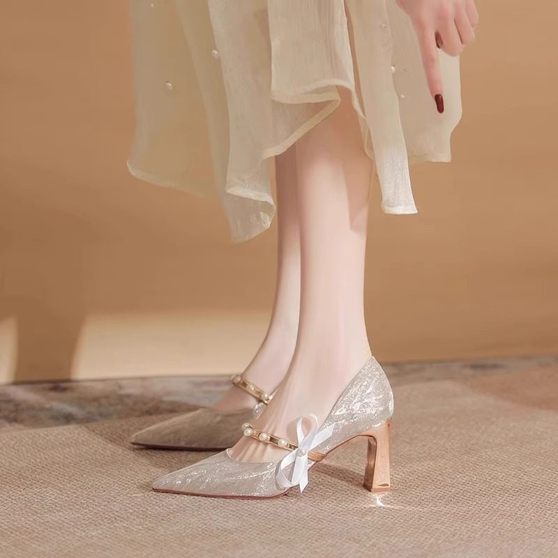 不累脚粗跟高跟鞋主婚纱婚鞋女秀禾法式细闪闪水晶伴娘新娘鞋两穿,女鞋,浅口单鞋,淘宝优惠券,粉丝福利购,淘宝优惠卷