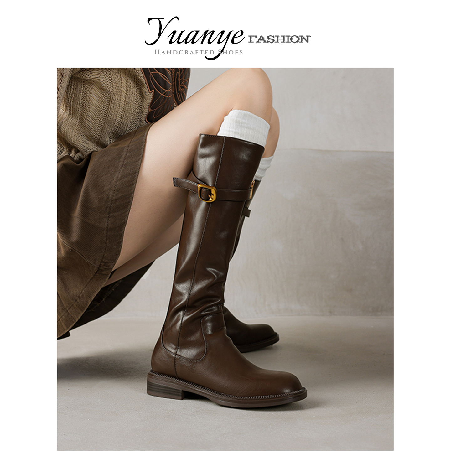 原野Yuanye●巨显腿直~圆头皮带扣骑士靴2025秋复古粗低跟长筒靴