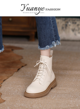 原野白色厚平底马丁靴女英伦风系带真皮短靴子冬季单靴2025年新款