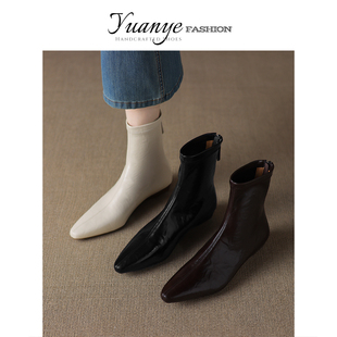 原野Yuanye●极简风~尖头后拉链弹力靴女舒适百搭瘦瘦靴低跟短靴