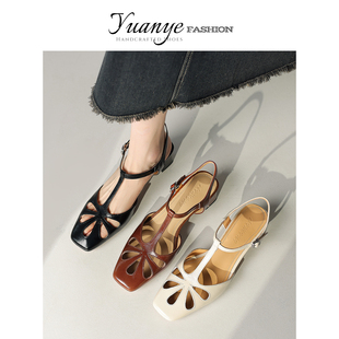 原野粗跟镂空丁字带复古包头配裙子的真皮凉鞋子女2025年夏季新款