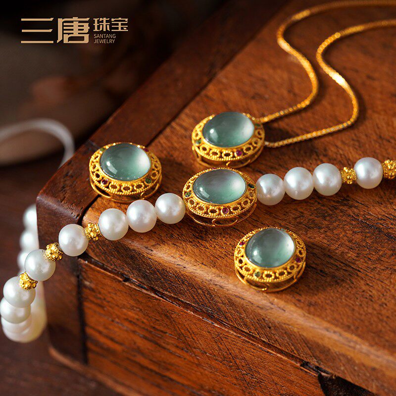 18K古法老黄金镶嵌蓝水翡翠背云隔珠配饰DIY吊坠手链手串珠宝配件