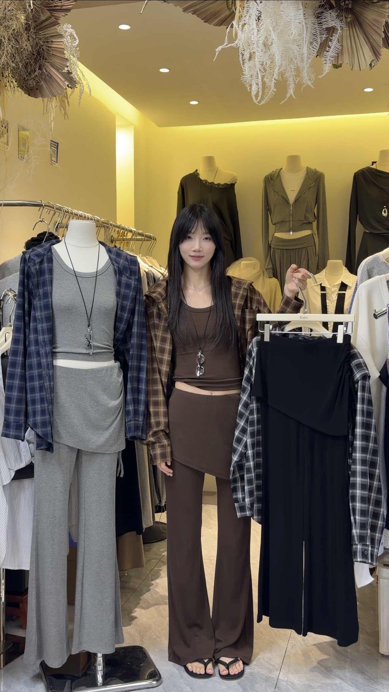复古宽松格纹衬衫套装女 修身吊带+不规则假两件裙裤显瘦三件套装