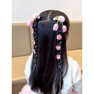 儿童毛绒蝴蝶结编发公主链条针织花朵甜美流苏古风发夹发绳头饰