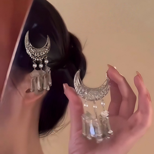 汉服头饰苗银发夹月牙流苏美女步摇钗古风儿童优雅古装 配饰发簪