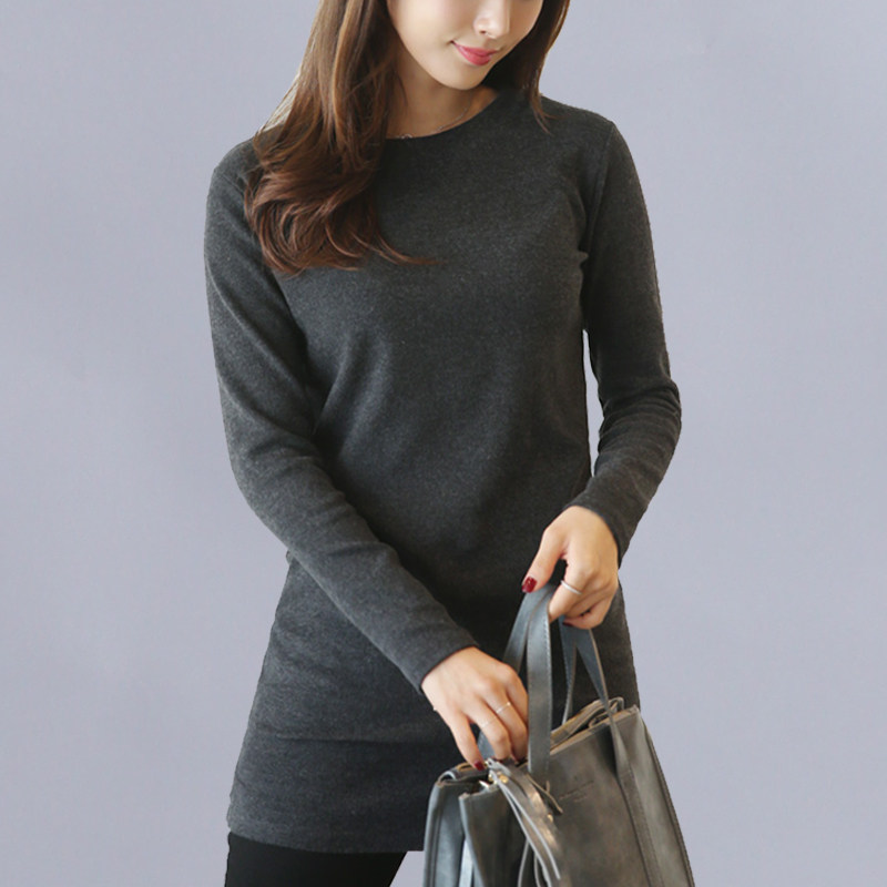 加厚加绒长袖显瘦内搭t恤女冬季装中长款修身包臀打底衫保暖上衣T