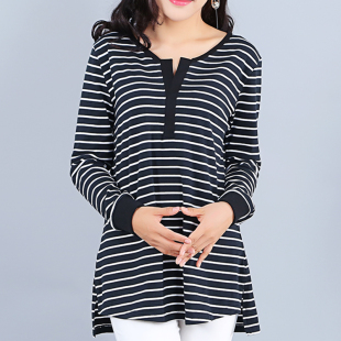女式条纹纯棉t恤长袖打底衫内搭宽松大码显瘦中长款春秋女装上衣