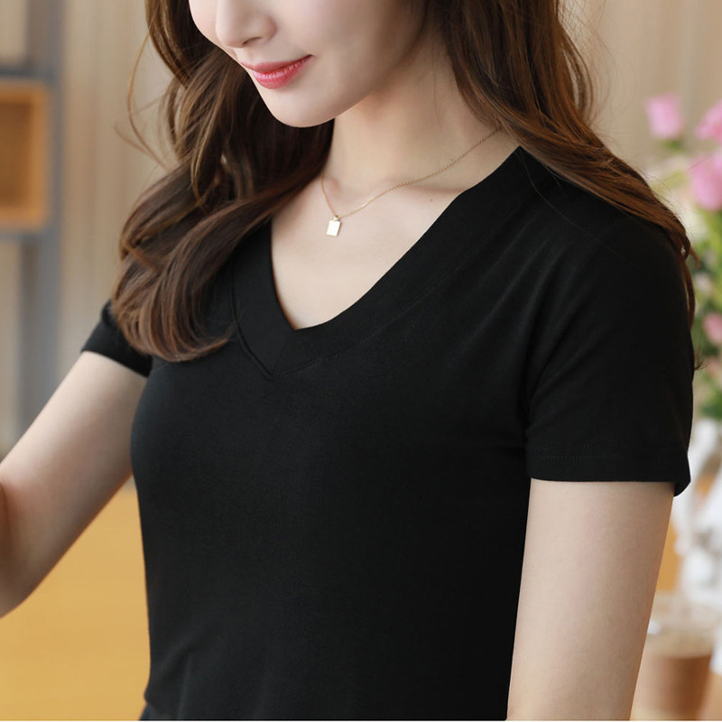夏季新款纯棉短袖t恤女装V领中长款宽松韩版黑色半袖大码显瘦上衣