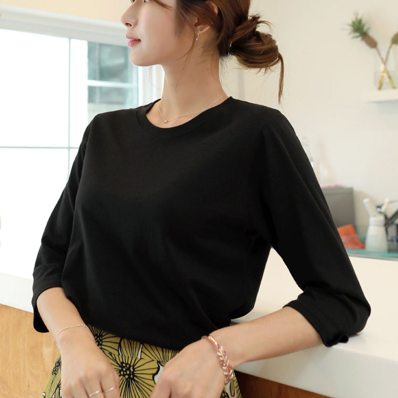 2026新款黑色七分袖t恤女宽松大码纯棉内搭打底衫春秋季中袖上衣T