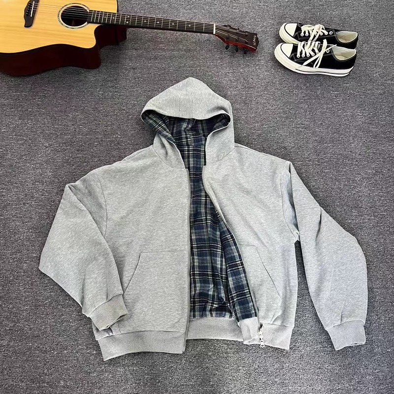 秋季简约格子双面穿连帽拉链外套