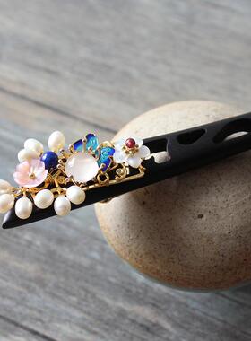 青雀记原创手工制作黑檀木发簪烧蓝粉贝古风木簪子汉服配饰陌上花