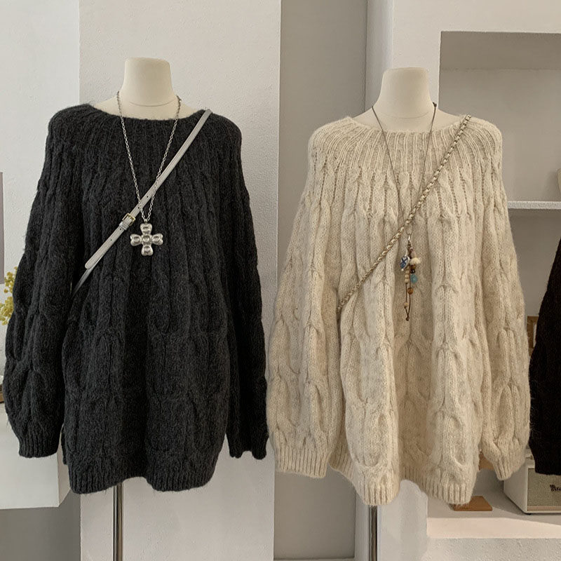宽松慵懒风加厚麻花圆领长袖中长款套头针织衫毛衣女时尚设计感