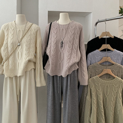 麻花圆领套头毛衣2025秋冬新款加厚软糯长袖针织外套慵懒风气质