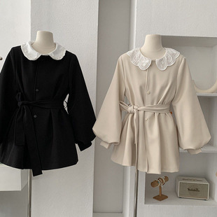 圆领系带显瘦风衣纯色中长款外套灯笼袖长袖西装大衣 宽松型