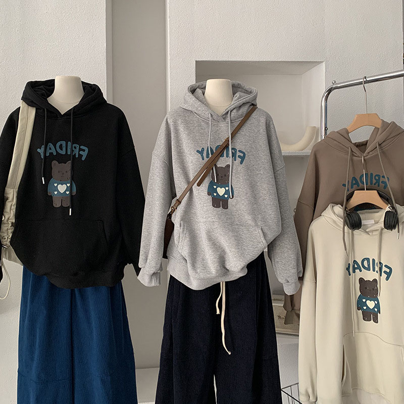 卡通小熊印花加绒加厚连帽宽松中长款长袖卫衣休闲女百搭时尚韩版