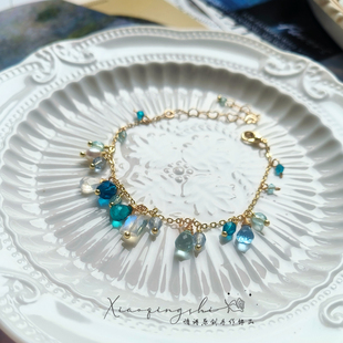 情诗原创设计天然月光石手链女小众轻奢精致渐变蓝淡水珍珠手串