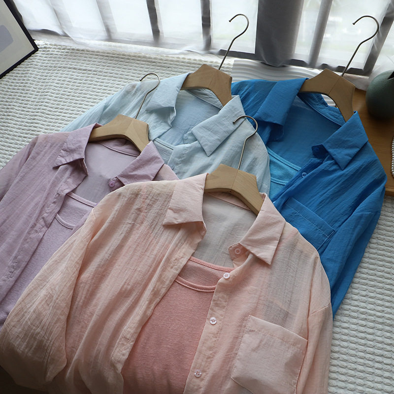 2025夏季新品韩版纯棉吊带背心叠穿薄款长袖防晒衬衫女