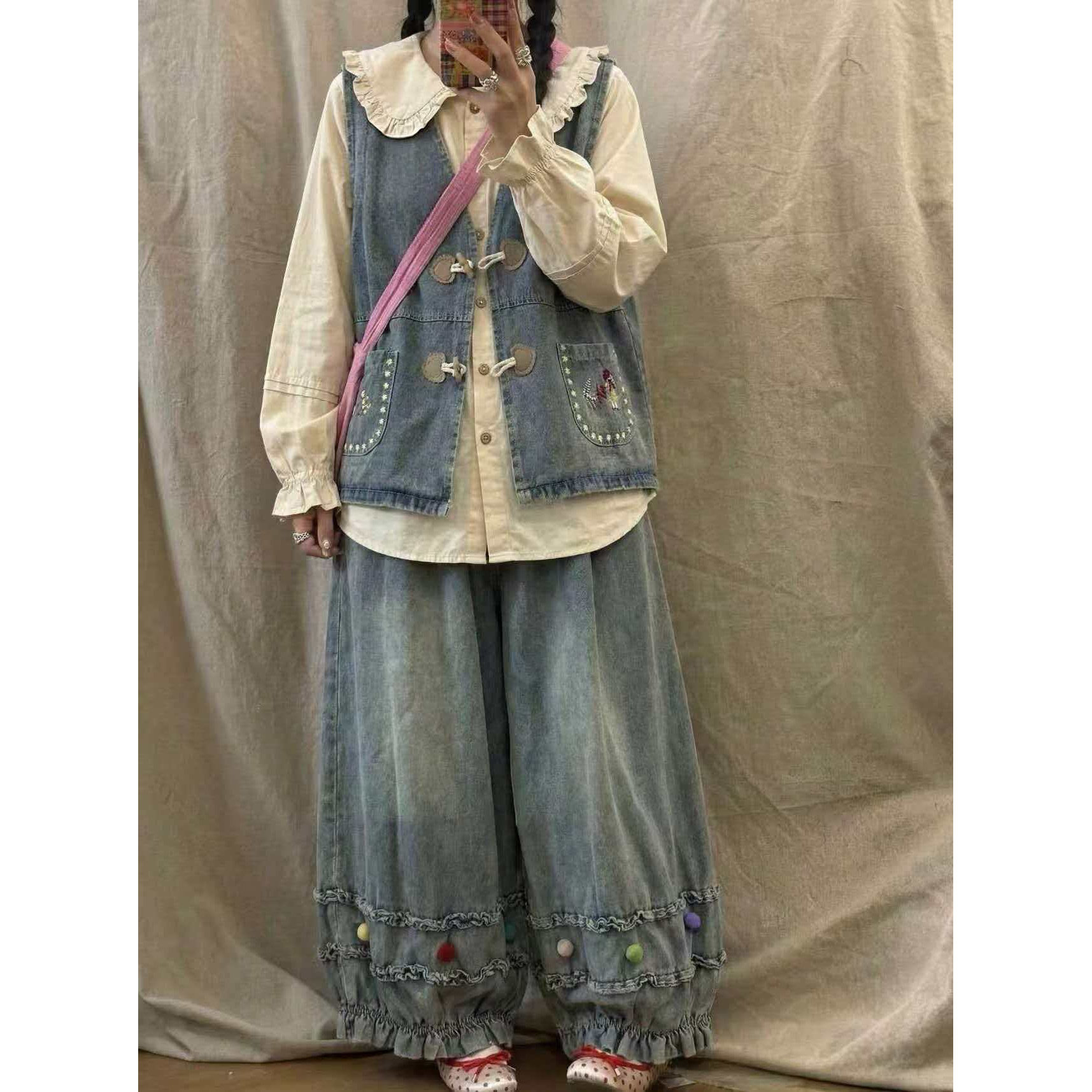学院风童趣毛边牛仔灯笼裤