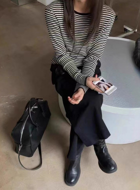 广州十三行好货！极简气质秋冬撞色条纹显瘦圆领长袖针织衫女