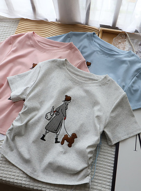 2025夏季新品韩版圆领卡通人物印花抽绳显瘦短款恤女