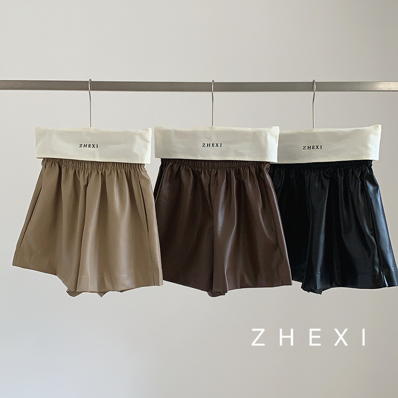 皮短裤女春装新款高腰阔腿