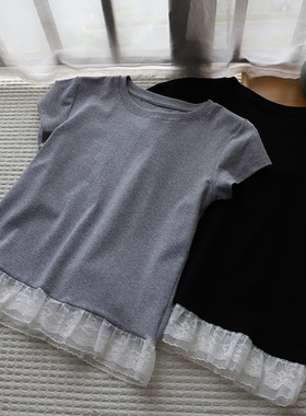 2025夏季新品韩版圆领蕾丝拼接减龄短袖恤女