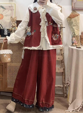 韩系温柔校园风蕾丝花边拼接马甲秋季刺绣小熊百搭小个子系带马甲