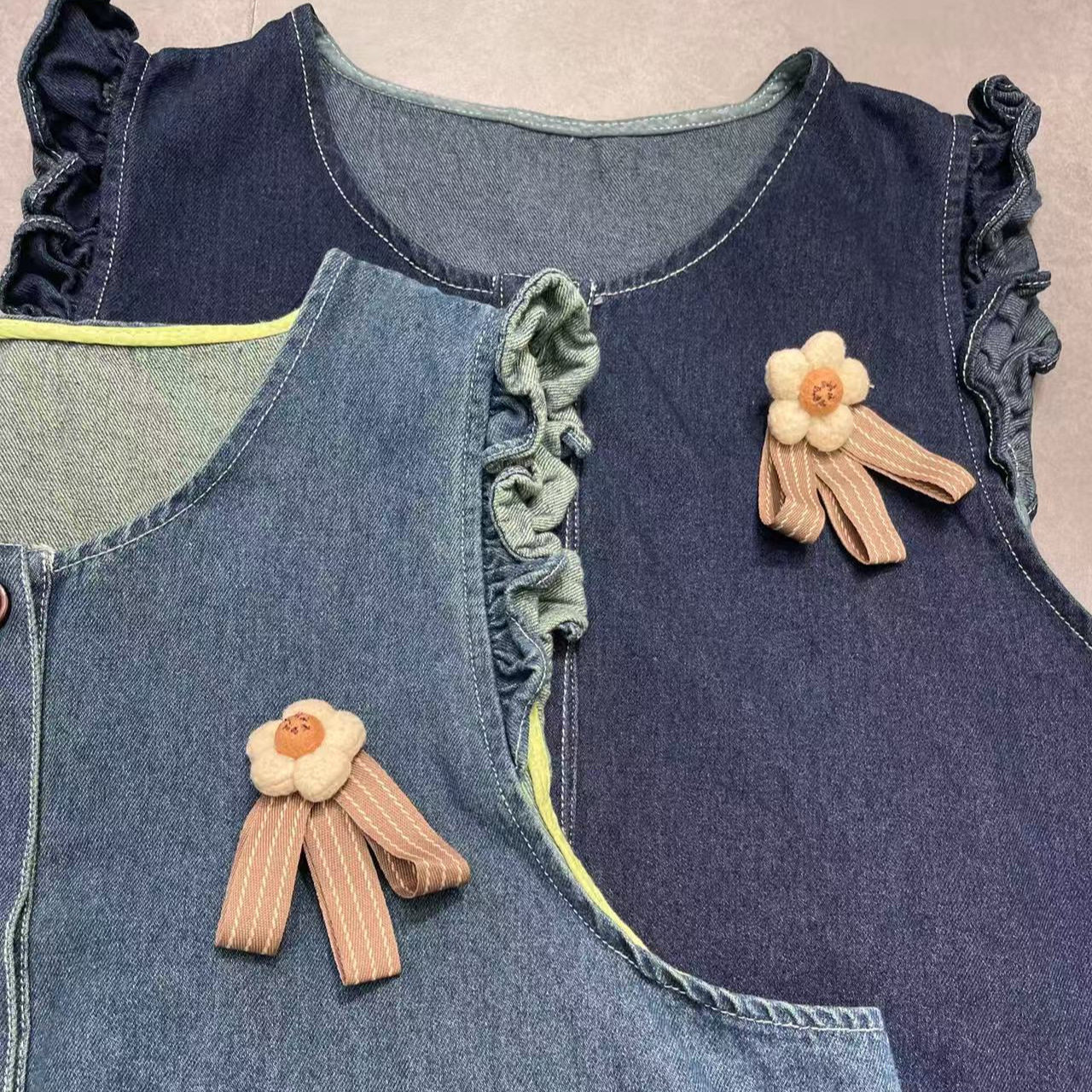 日系秋季文艺牛仔小个子叠穿木耳边马甲新款学院风设计感背心马甲