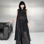 松紧腰拖地阔腿裤 不规则马甲 休闲套装 风小众设计感网格时尚