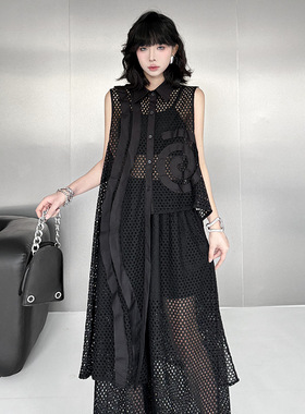 风小众设计感网格时尚休闲套装不规则马甲+松紧腰拖地阔腿裤