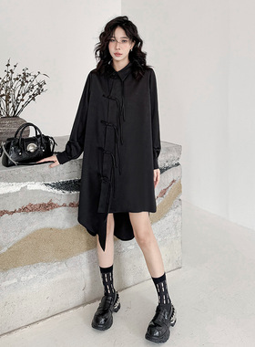 新中式不规则衬衣裙女式2025年春秋新款国潮大码宽松连衣裙