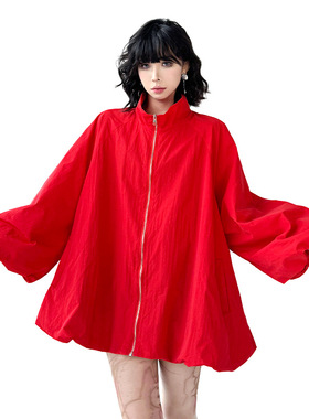 港风小众设计感花苞袖摆红色外套2025春款时尚娃娃衫减龄字风衣
