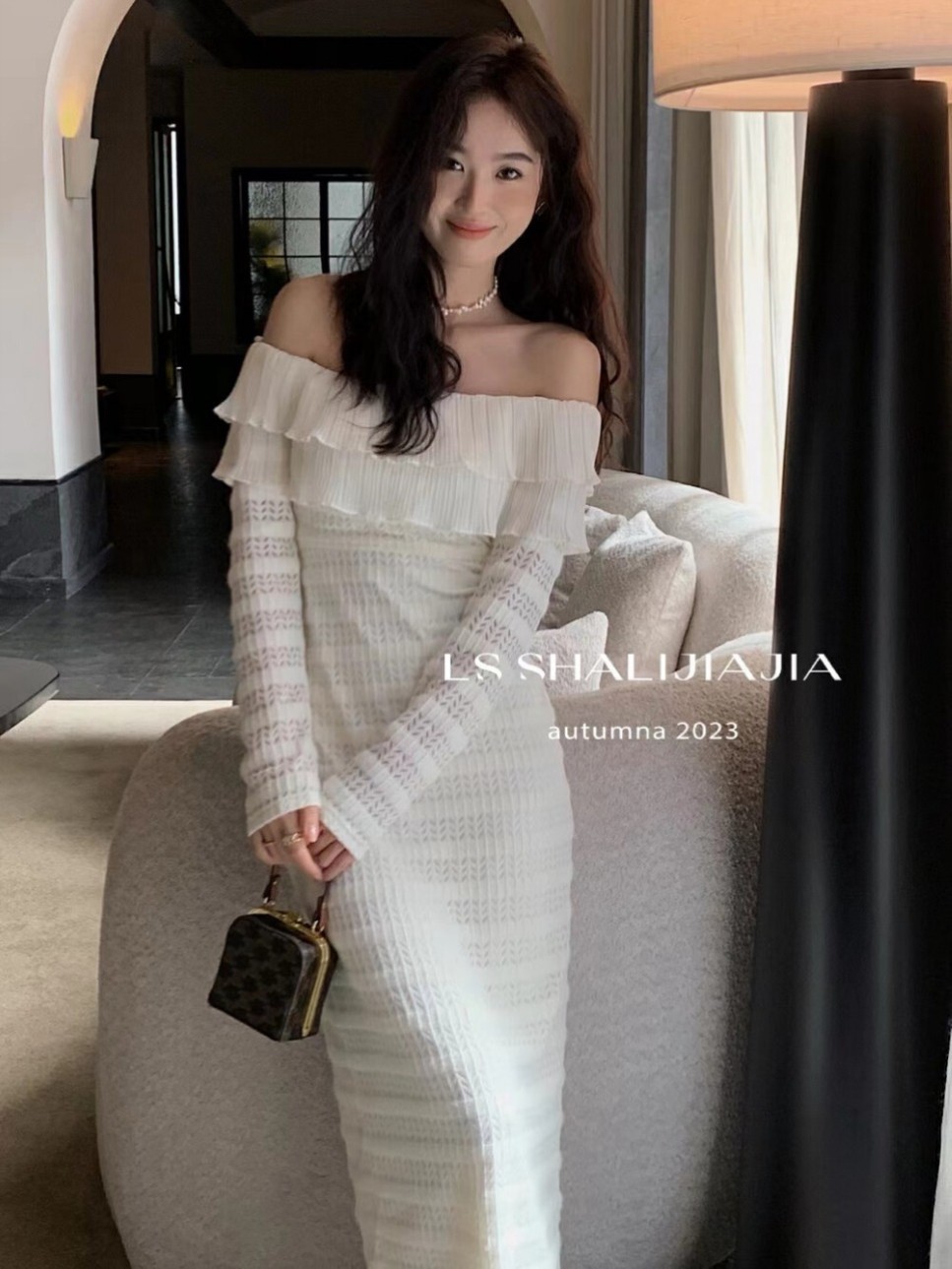 LS SHALIJIAJIA 十三行女装一字肩蕾丝修身气质优雅连衣裙