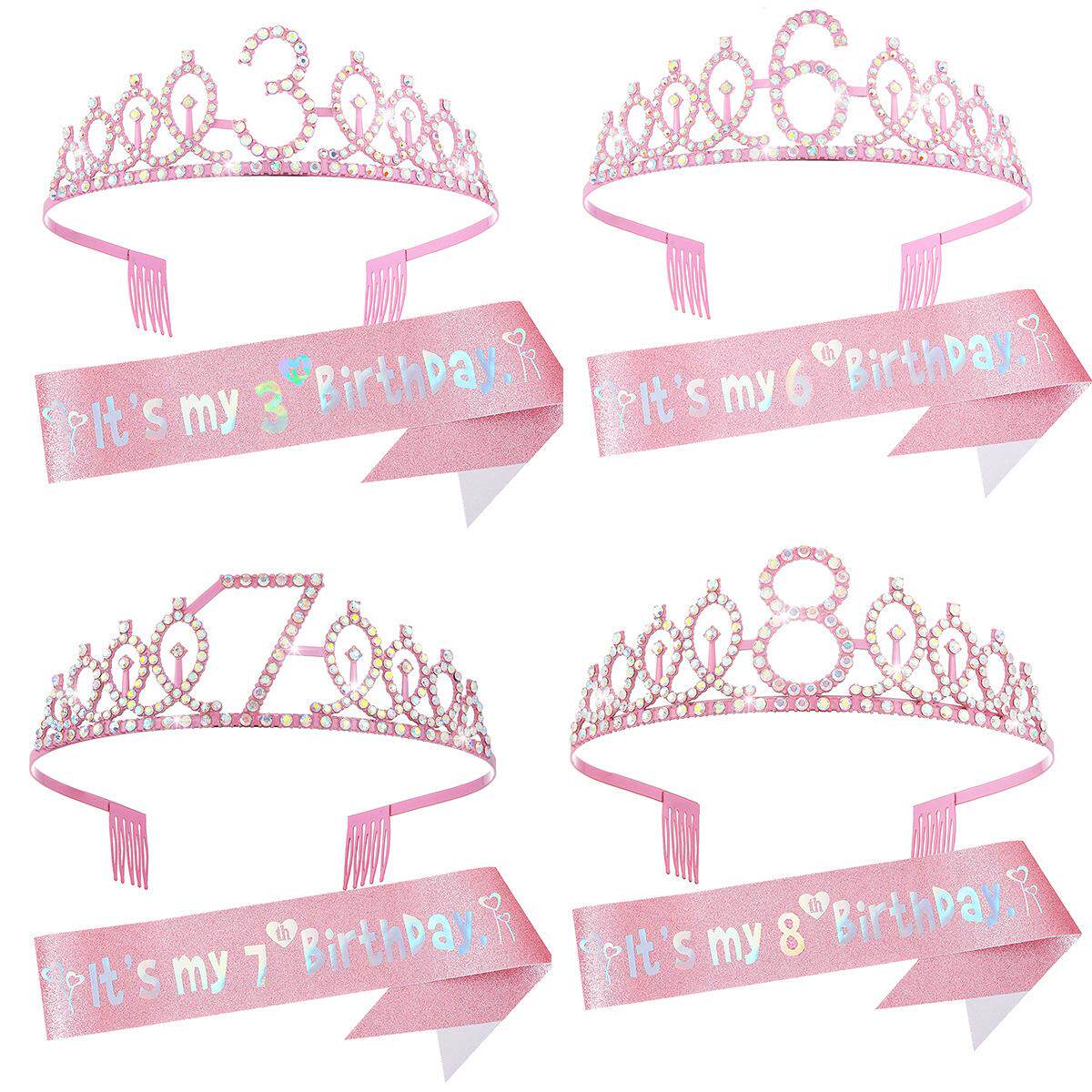 小女孩儿童粉色数字3岁 4岁 5岁 皇冠生日套装 发箍粉色绶带礼仪