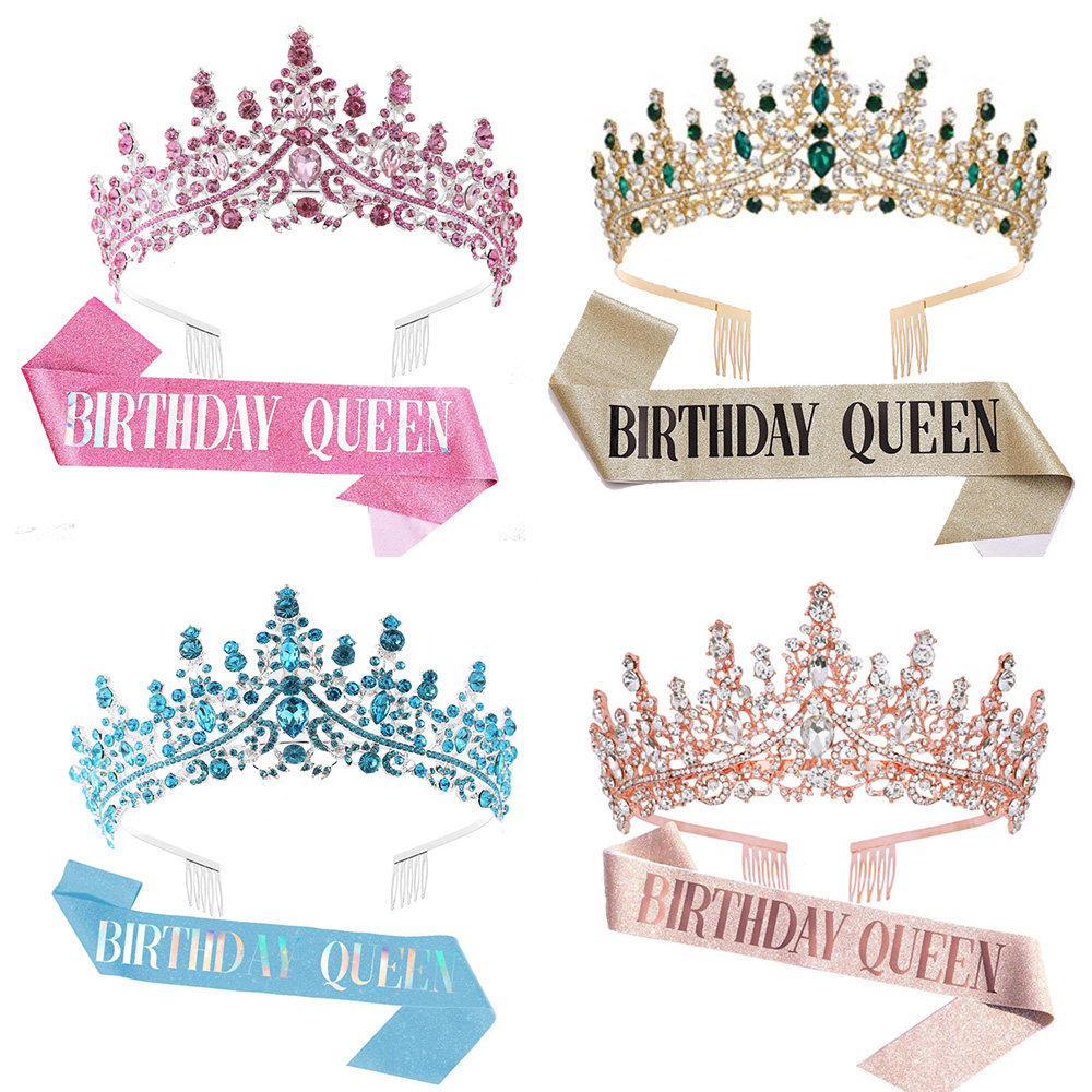 生日聚会装饰 道具皇冠金葱粉肩带女王BIRTHDAY QUEEN礼仪带套装