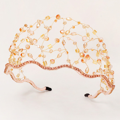 森系婚礼新娘头饰串珠皇冠发箍韩国复古水钻发饰仙女压发网状发箍