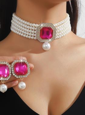 欧美奢华多层仿珍珠几何长方水晶颈链耳钉彩色项链时尚夸张束颈链