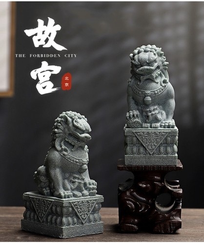 故宫同款狮子摆件青砂石狮子一对国潮摆件鱼缸造景瑞兽创意桌面