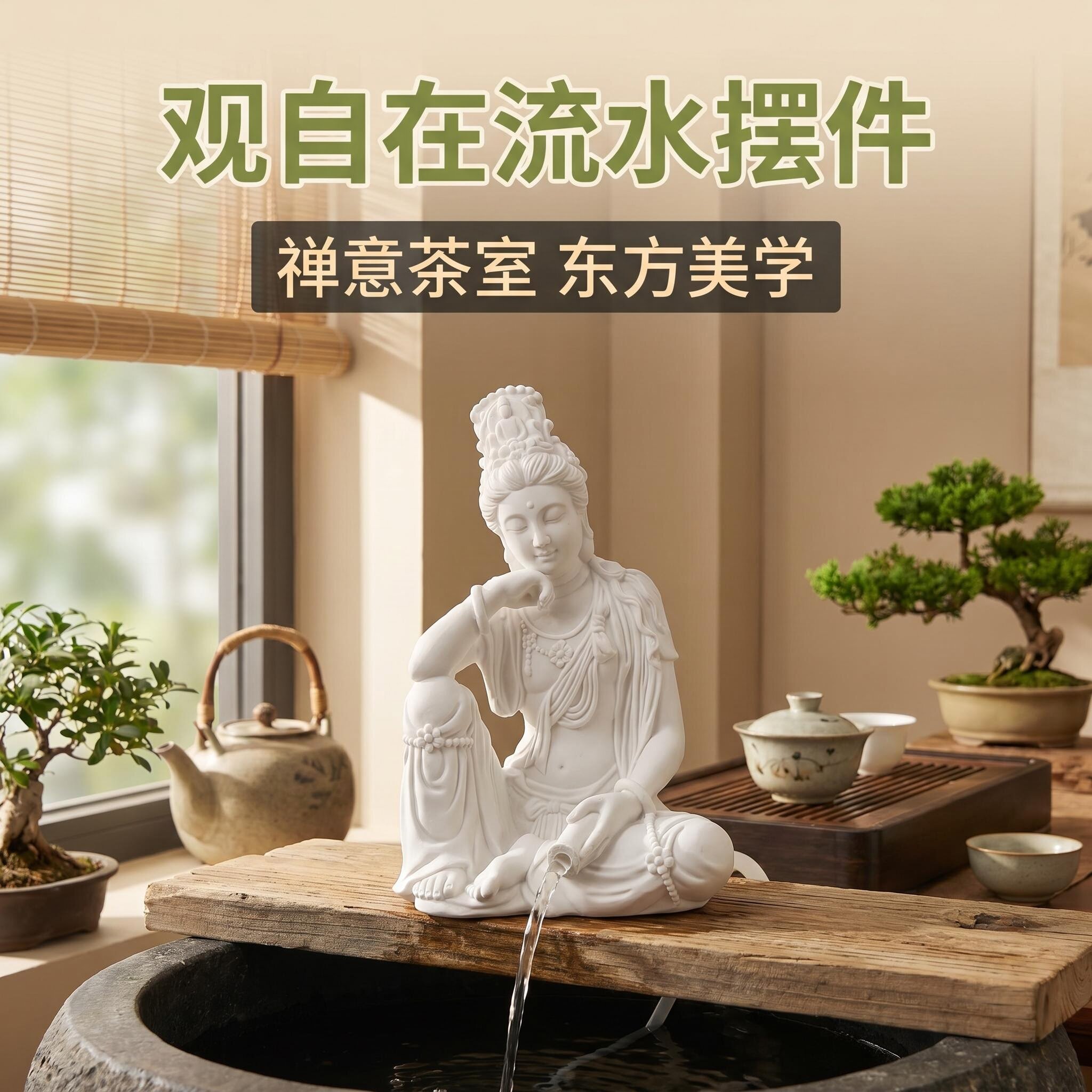 白云石自在观音菩萨佛像流水喷泉摆件鱼缸水池创意假山国风造景