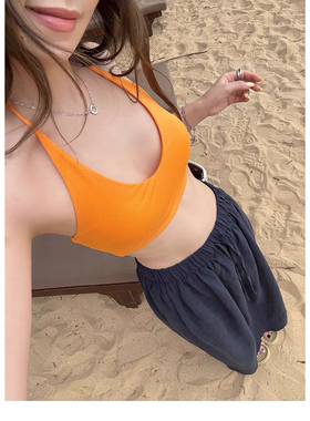 海边比基尼辣妹多巴胺纯色显瘦背心外穿内搭 INS风挂脖美背内衣