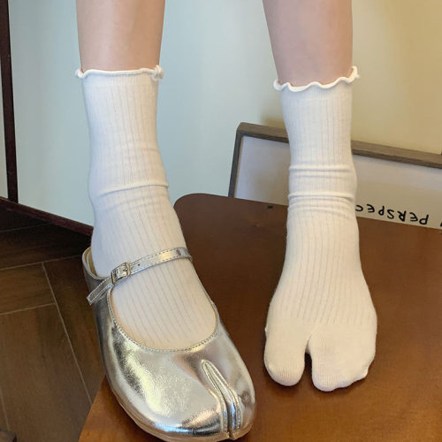 两双装纯棉花边分趾袜吸汗透气