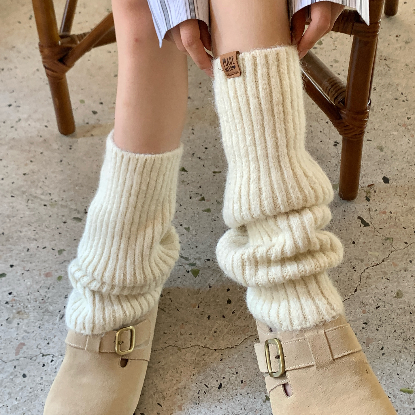 羊毛竖条针织小腿堆堆袜