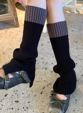 y2k黑色拼接针织袜套女秋冬加厚保暖开叉显瘦小腿袜配雪地靴腿套