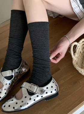 灰色卷边小腿袜女春夏薄款微透踩脚袜套miu系纯色半掌堆堆长筒袜