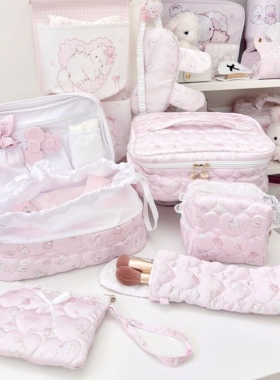 MG原创化妆包猫绸缎高颜值补妆包大容量便携手提旅行收纳包手拎包