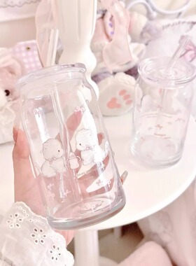 MG原创玻璃杯小猫蝴蝶结印花家用水杯透明耐高温吸管杯气泡水杯