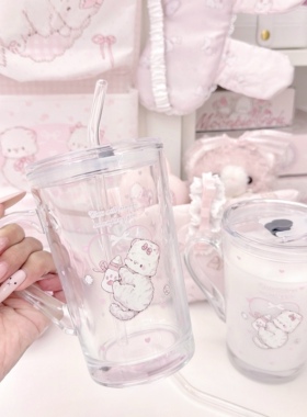 MG原创把手玻璃杯猫咪带盖家用早餐杯牛奶杯办公室果茶杯吸管杯子