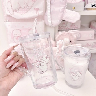 MG原创把手玻璃杯猫咪带盖家用早餐杯牛奶杯办公室果茶杯吸管杯子