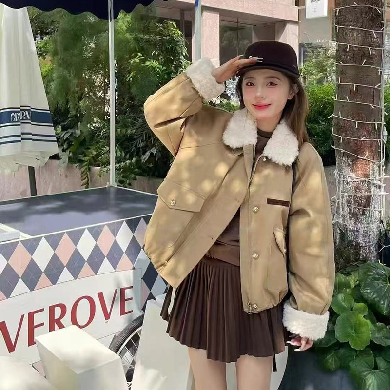 实体档口冬季新韩版时尚百搭翻领宽松显瘦羊羔毛拼接羽绒服女外套